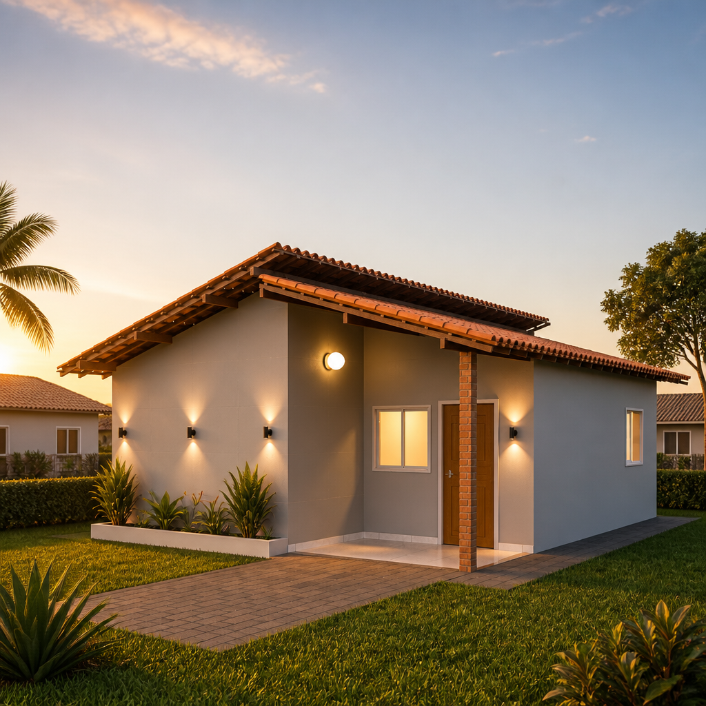 Fachada da Casa Açucena iluminada ao entardecer, com telhado cerâmico e jardim