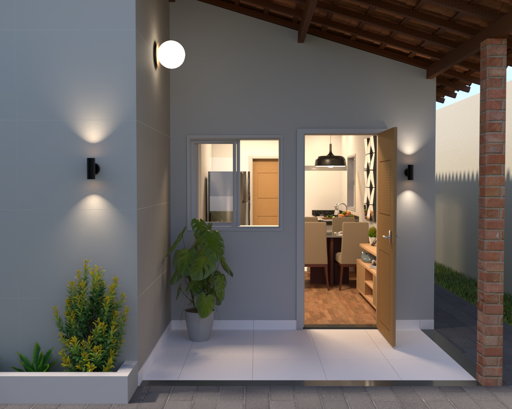 Varanda de entrada da Casa Açucena com iluminação embutida