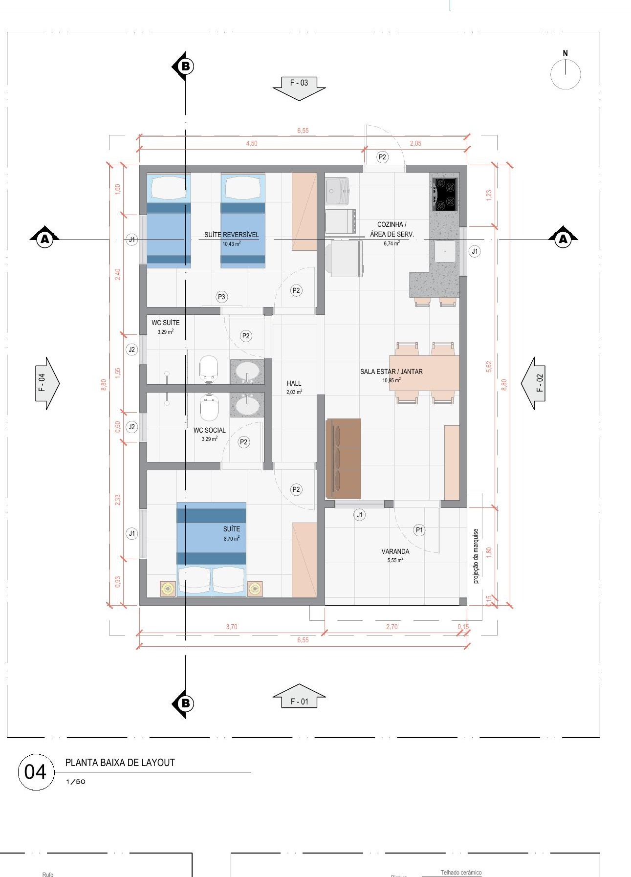 Planta baixa de layout da Casa Açucena com duas suítes, sala integrada, cozinha e varanda